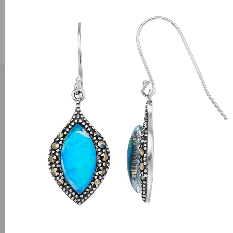 Sterling Silver Marcasite & Opal Marquise Earrings